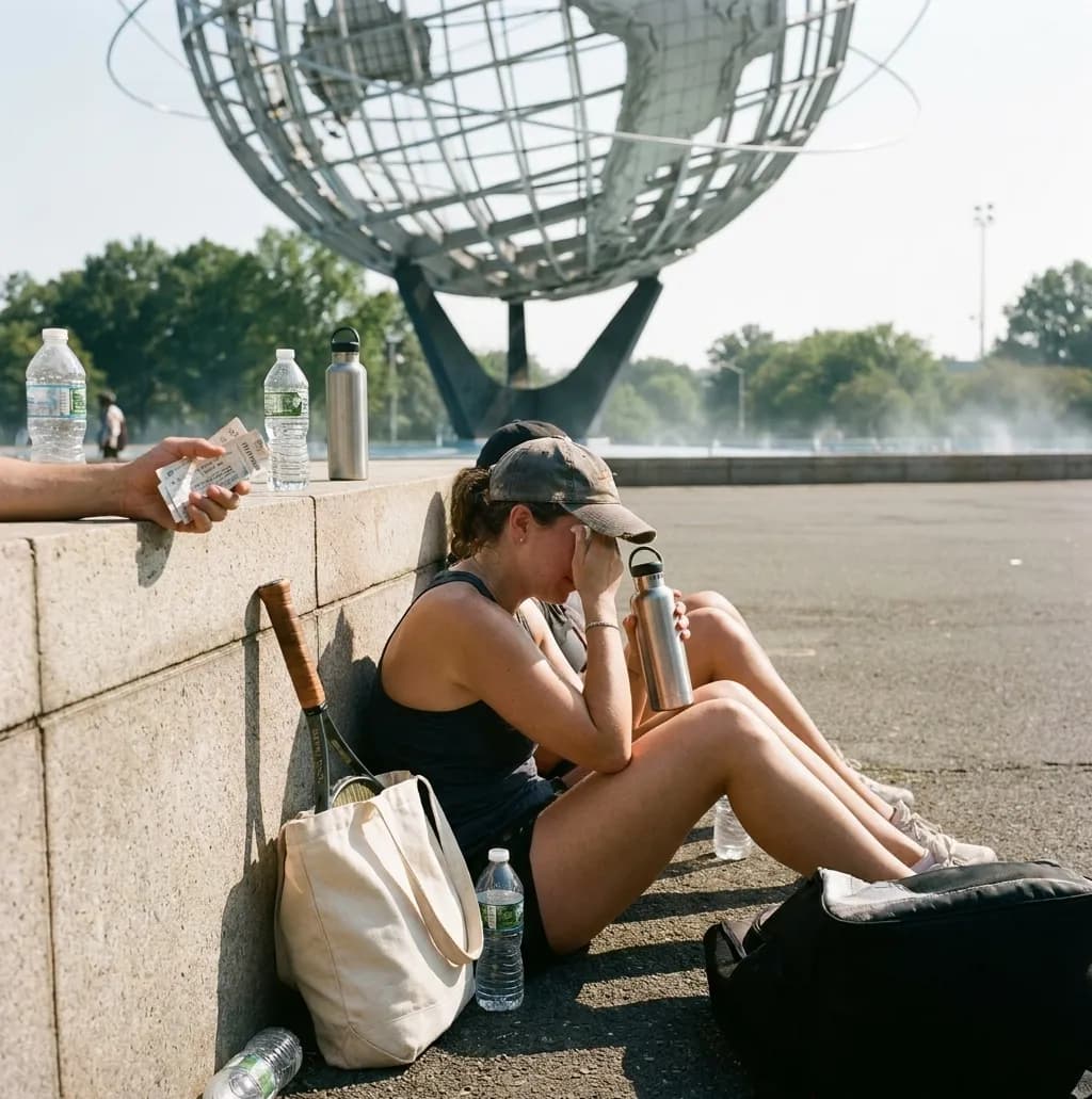 A bright Queens local-life scene inspired by unisphere queens, with subtle US Open details.