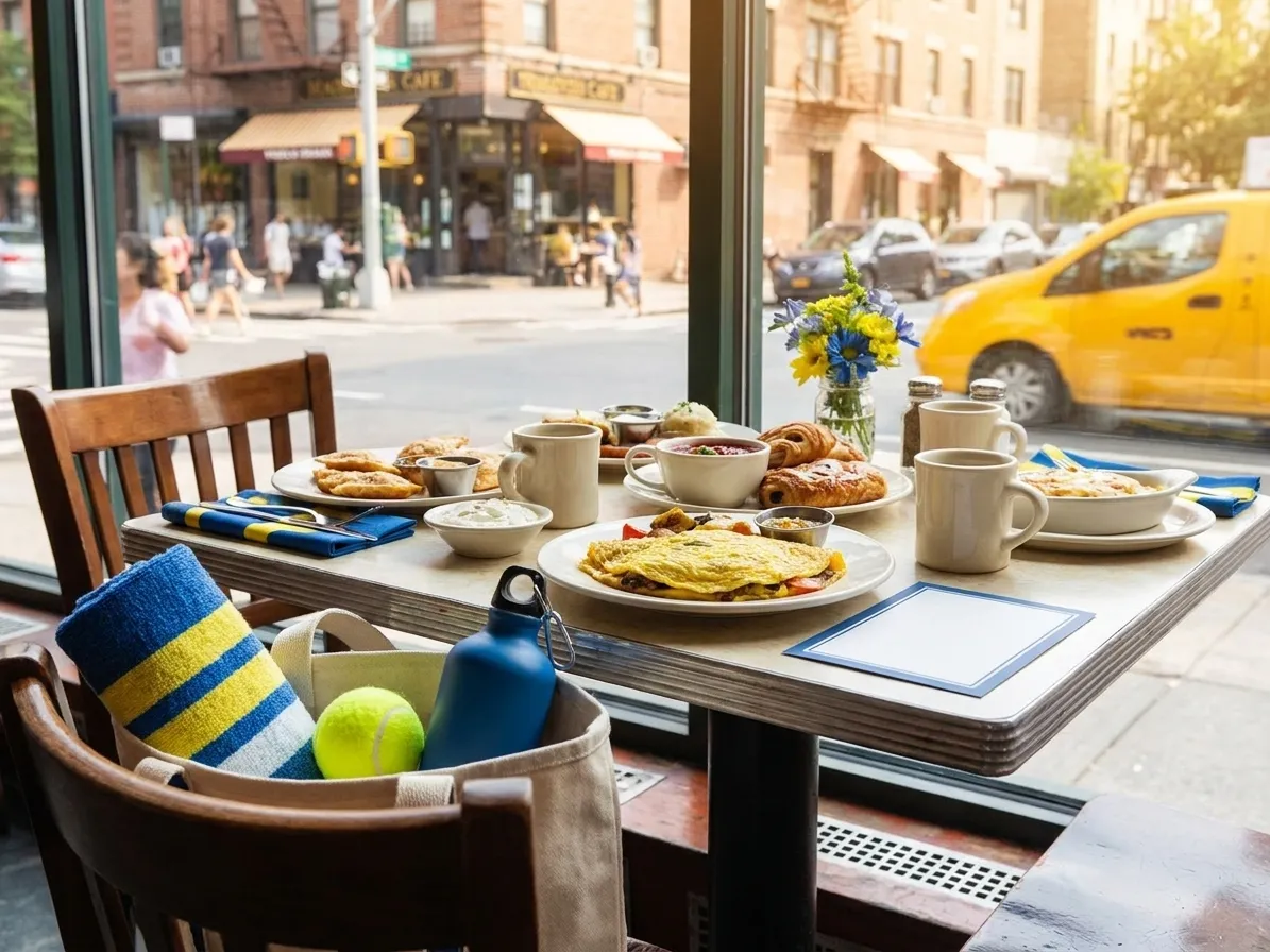 Bright Queens local-life detail for Pegula And Swiatek Rivalry Brunch Map For US Open 2026.