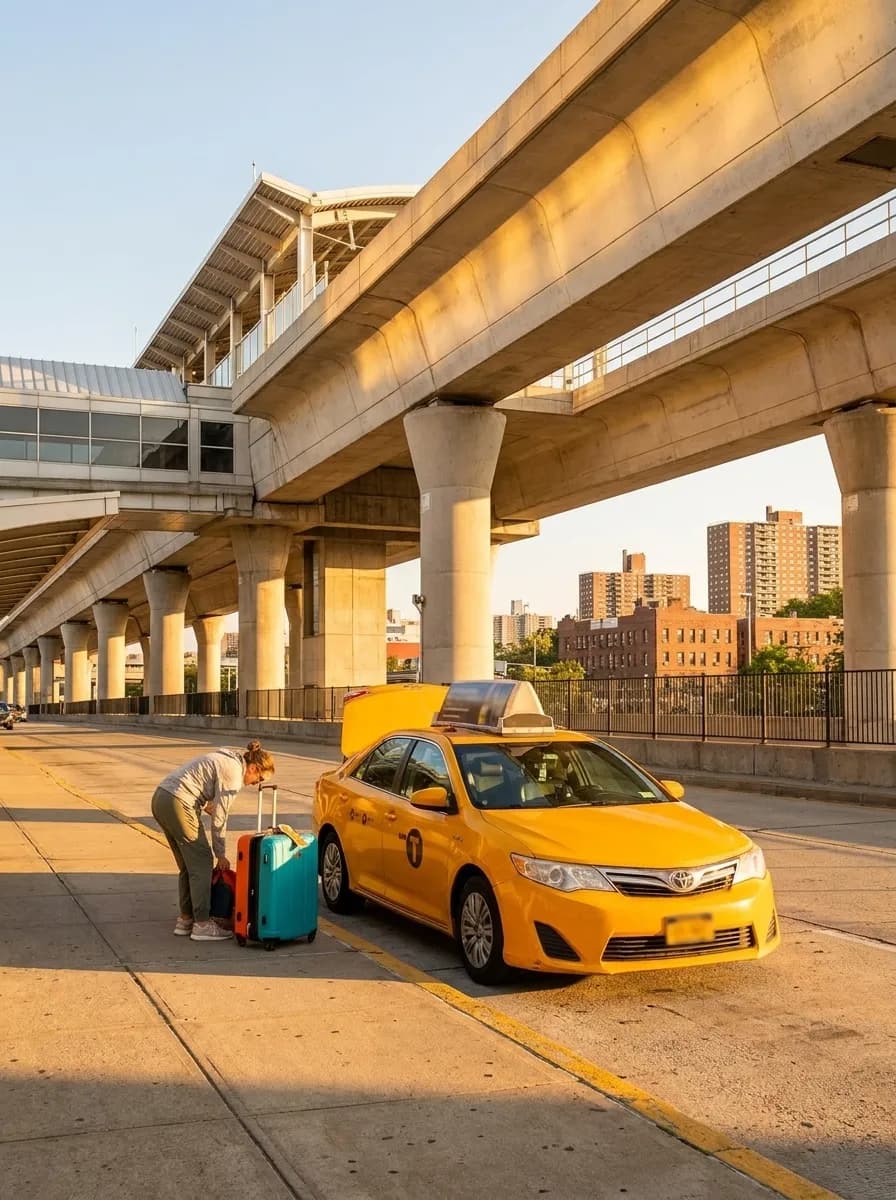 A bright New York local-life cover for Airline Stopover Neighborhood Guides for NYC US Open Visitors, inspired by john f kennedy airport terminal.