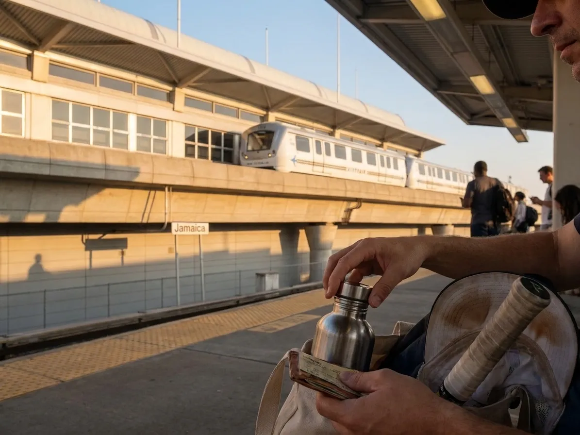 A bright Queens local-life scene inspired by jfk airtrain, with subtle US Open details.