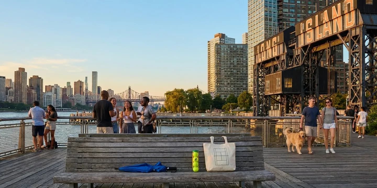 A distinct New York editorial scene inspired by long island city skyline, connected to US Open week.