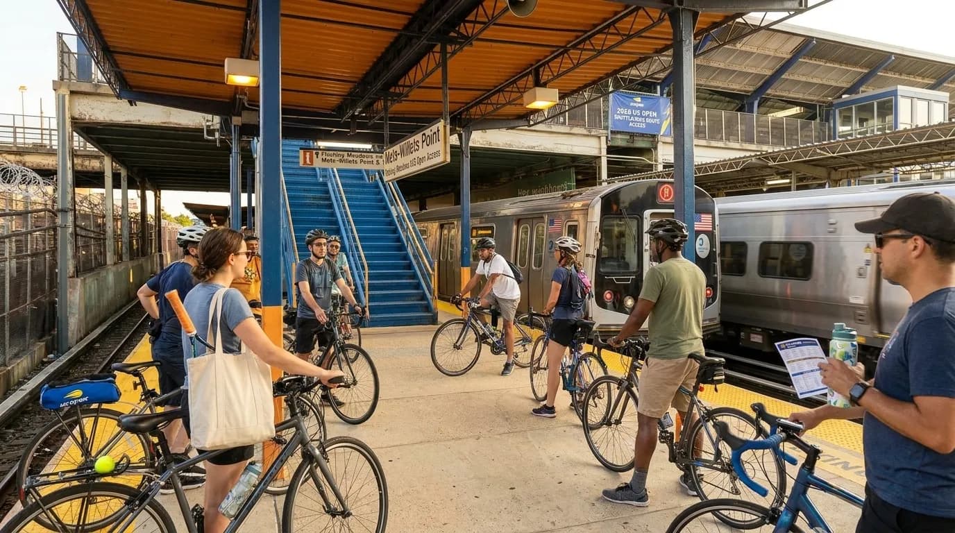 Bright New York local-life cover for Ghost Rider Night Bike Routes Near Flushing Meadows Tennis.