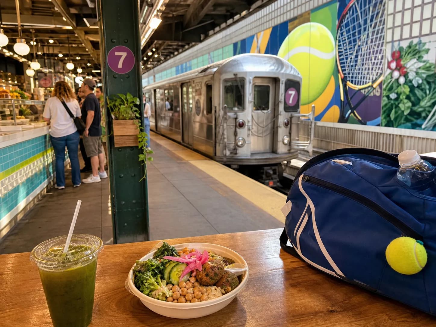 A bright Queens local-life scene connected to Haynes King Near US Open 2026: Vegetarian Food Halls Near The 7 Train.