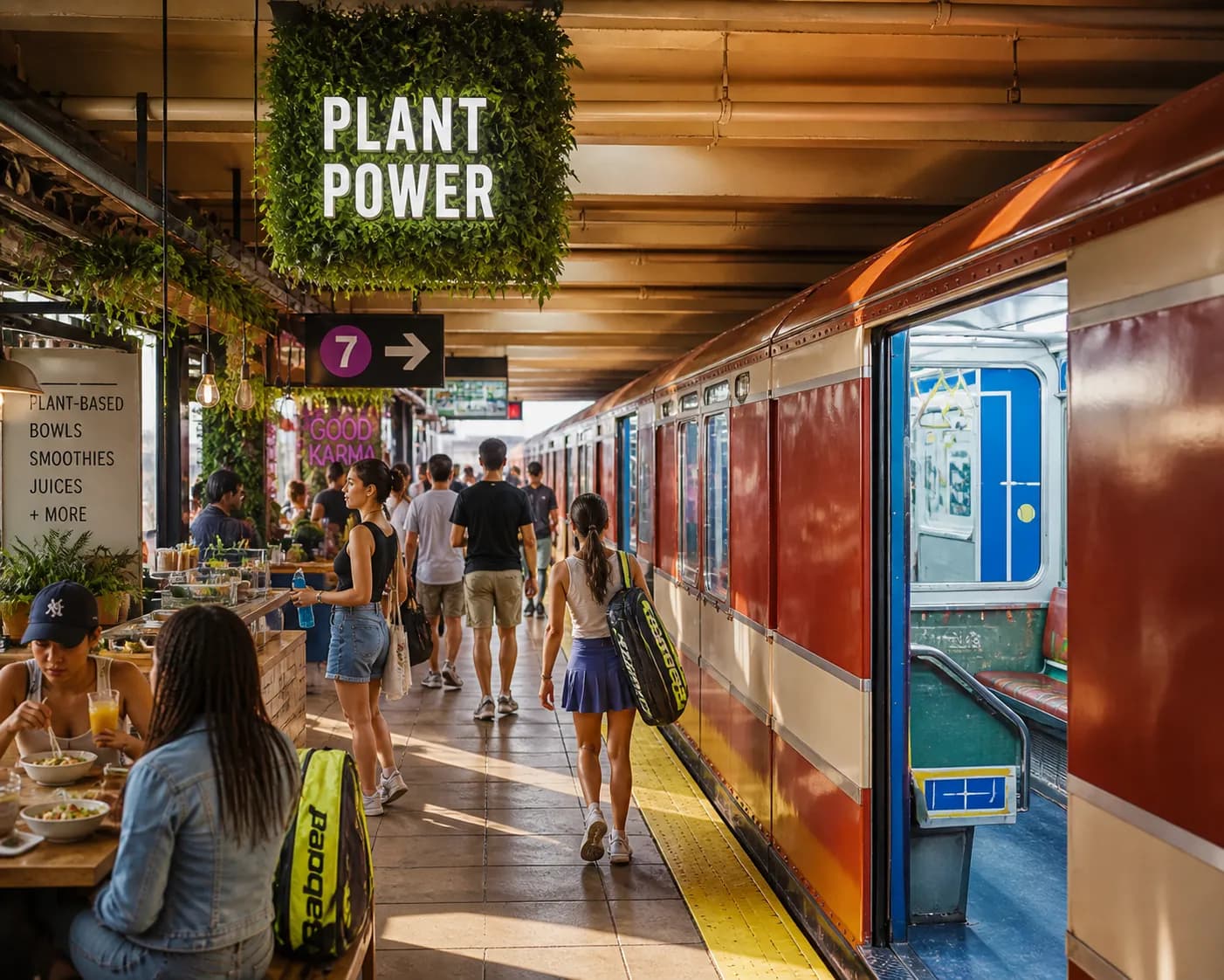 Bright New York local-life cover for Haynes King Near US Open 2026: Vegetarian Food Halls Near The 7 Train.