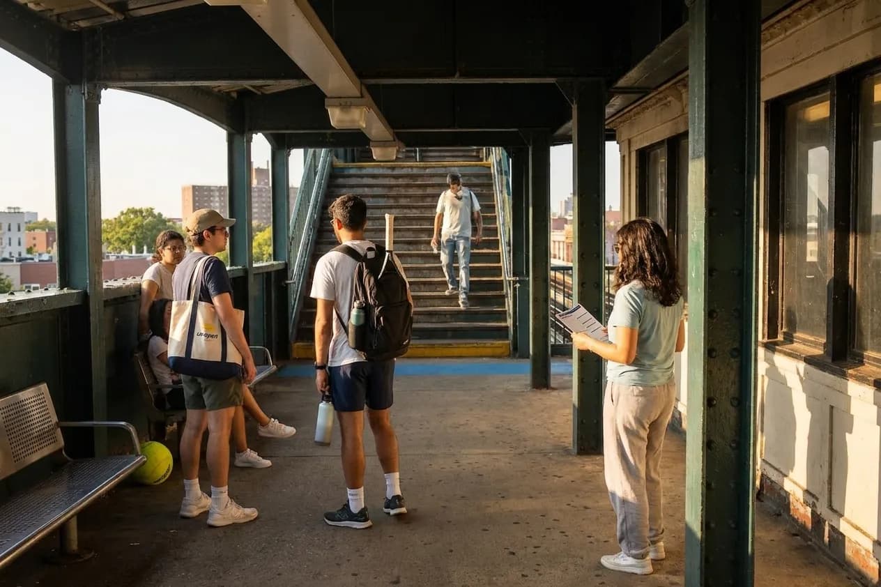A bright Queens local-life scene connected to Madison Beer Pop Walks for US Open Subway Rides.