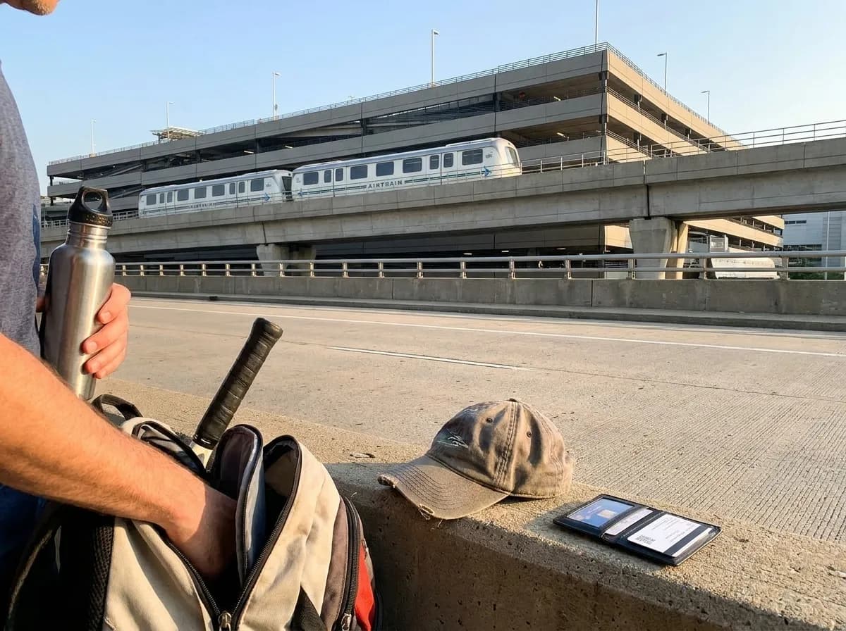 A bright Queens local-life scene inspired by jfk airtrain, with subtle US Open details.