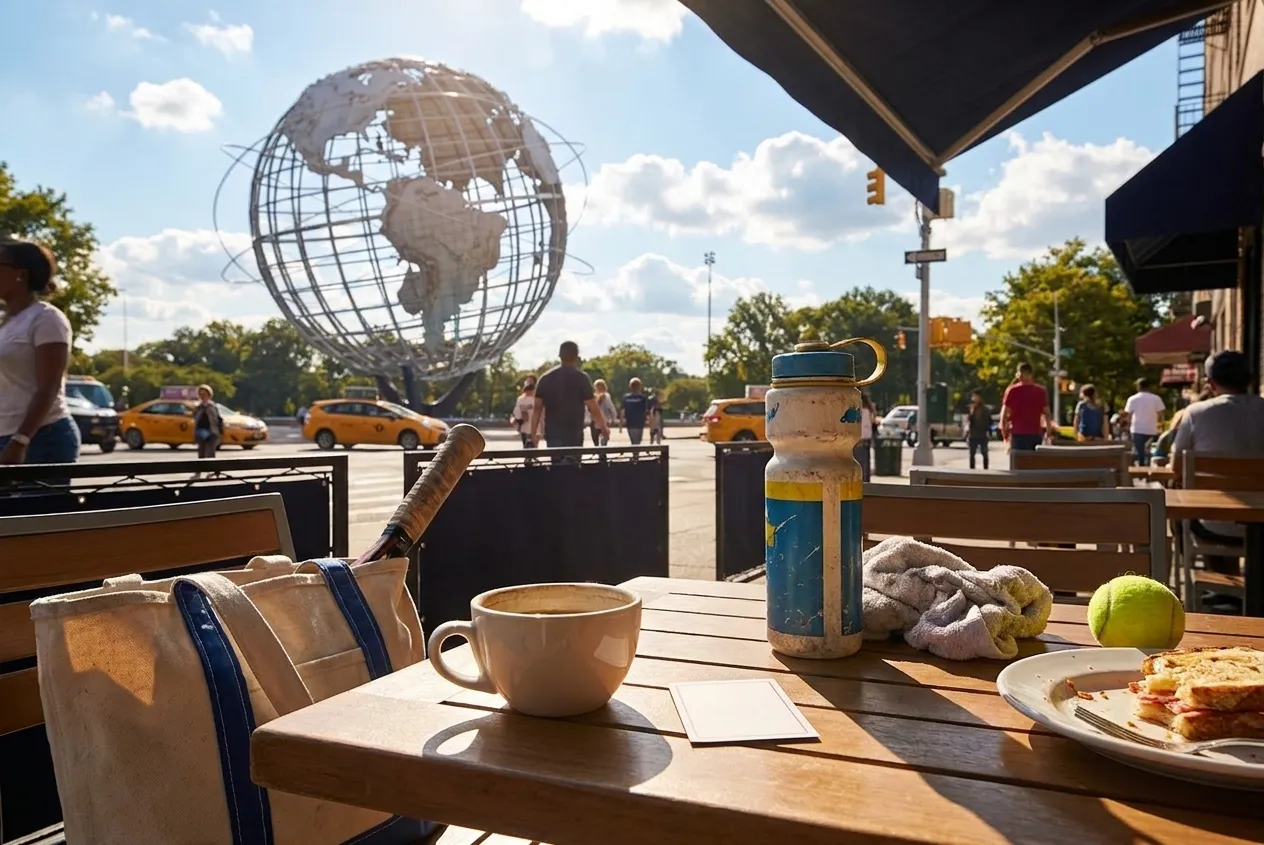 Bright realistic US Open 2026 local-life cover for Elena Rybakina Calm Coffee Corners During US Open 2026.