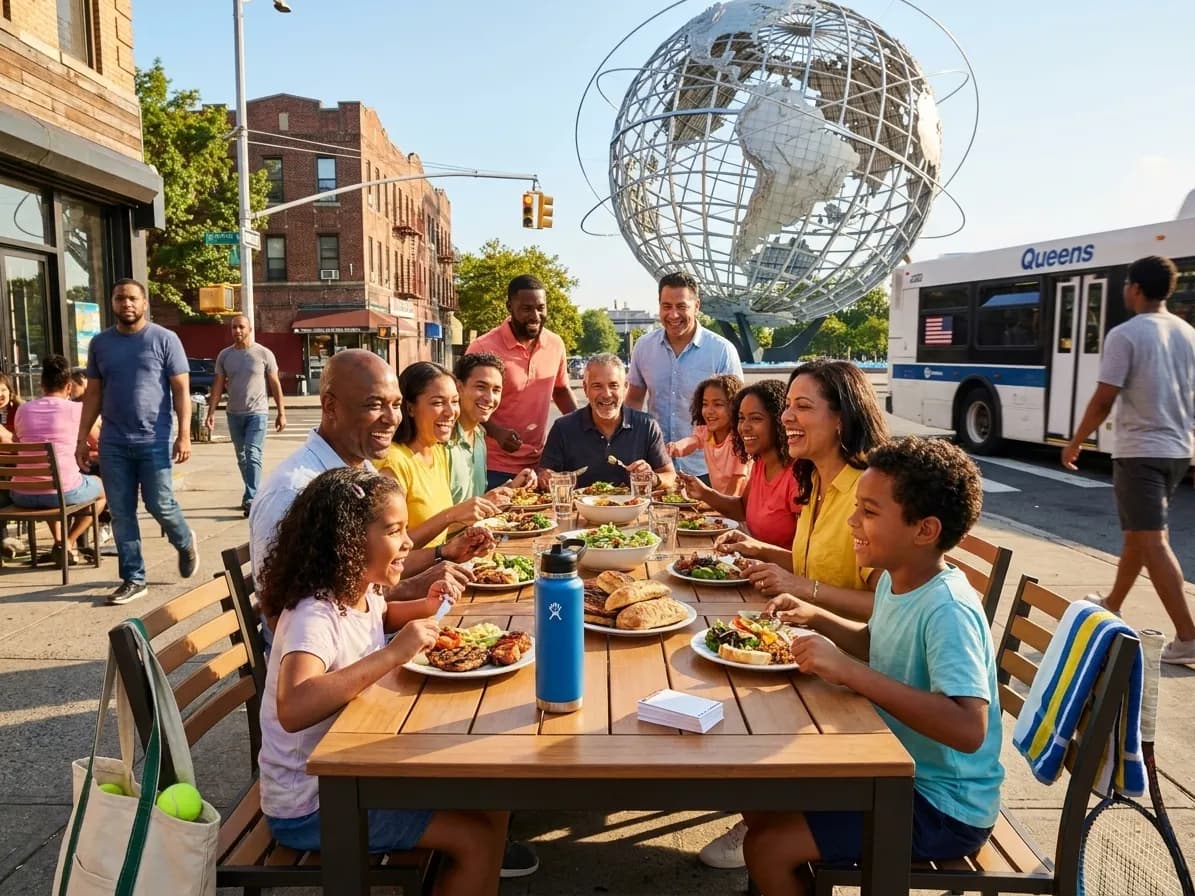 Bright Queens local-life detail for Mystics Vs Aces Scenes Around US Open 2026 Family Dinner.