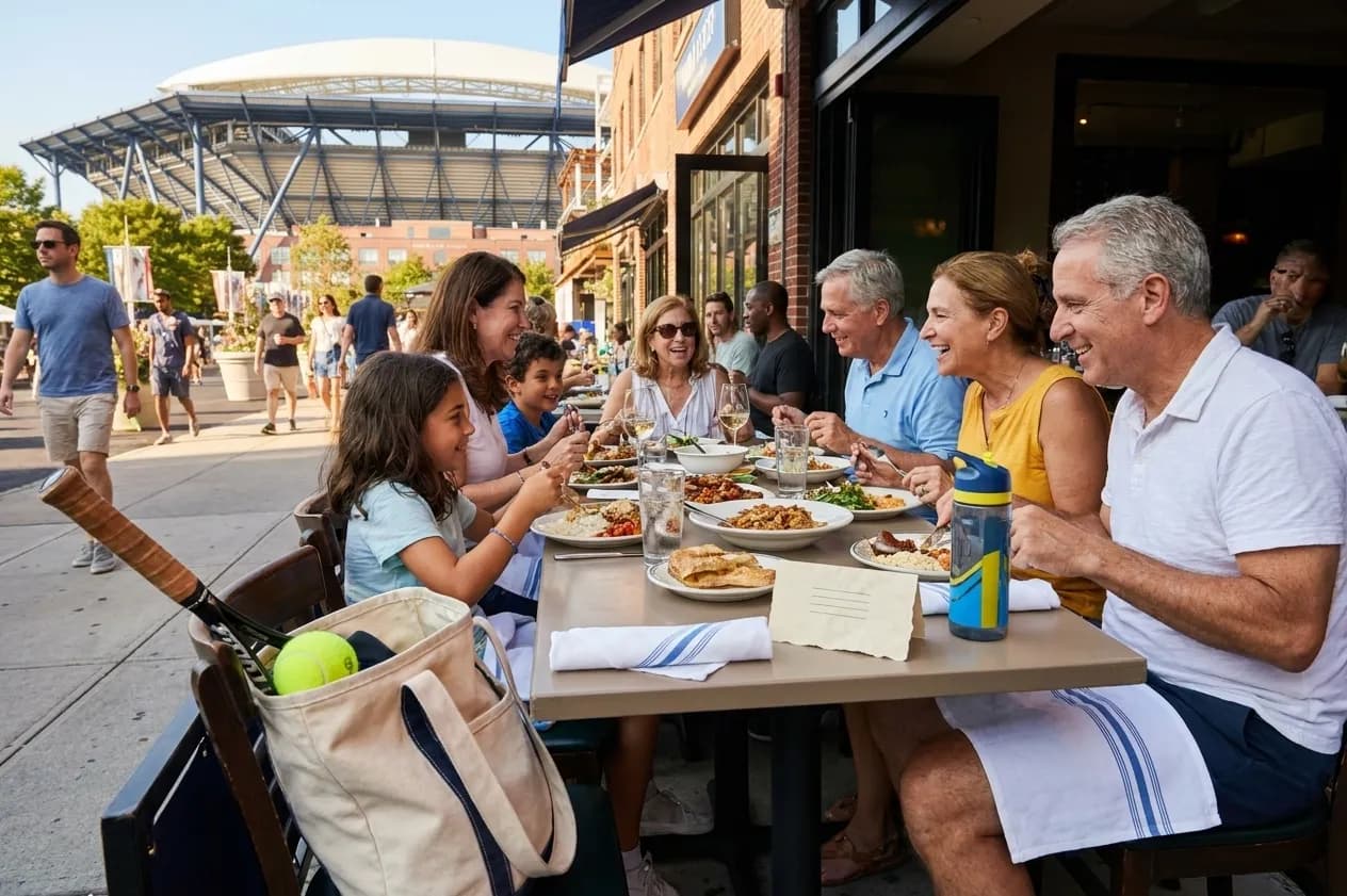 Bright Queens local-life detail for Mystics Vs Aces Scenes Around US Open 2026 Family Dinner.