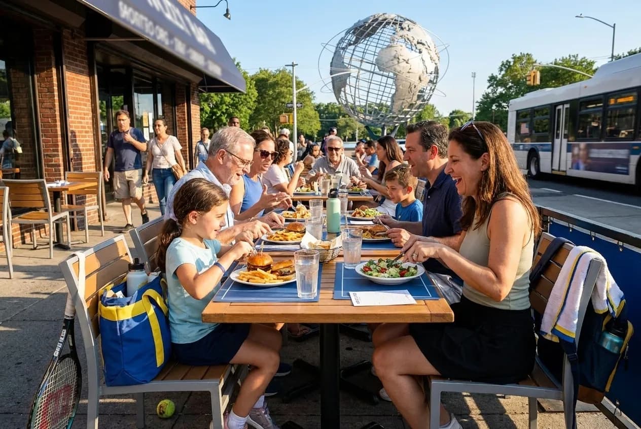 Bright realistic US Open 2026 local-life cover for Mystics Vs Aces Scenes Around US Open 2026 Family Dinner.