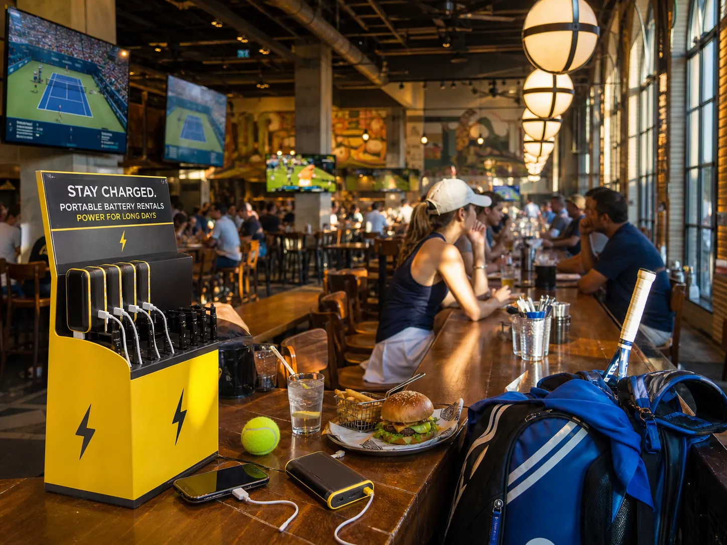 A bright Queens local-life scene connected to Aces Vs Fever Near US Open 2026: Portable Battery Rentals For Long Stadium Days.