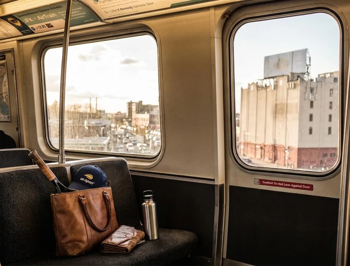 A bright Queens local-life scene inspired by jfk airtrain, with subtle US Open details.