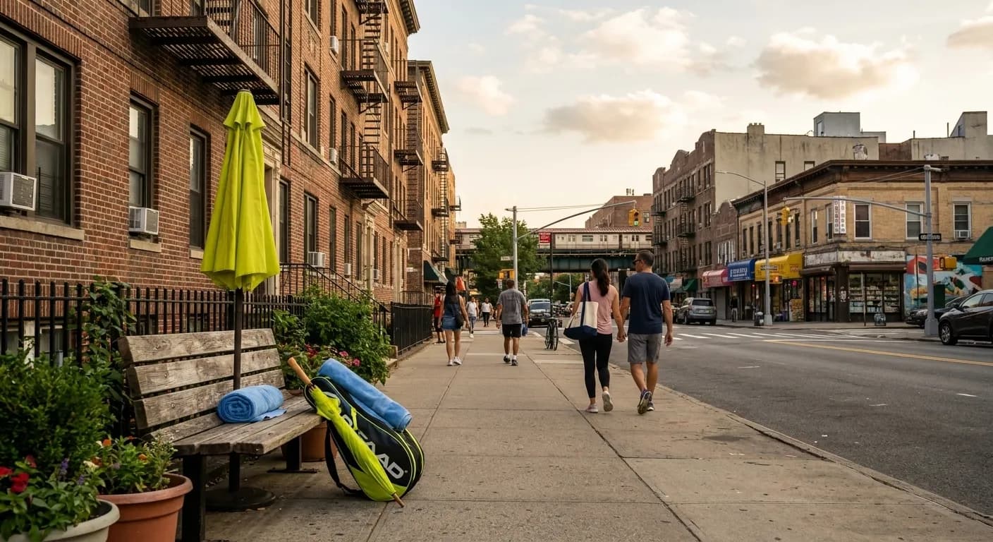 A distinct New York editorial scene inspired by long island city skyline, connected to US Open week.