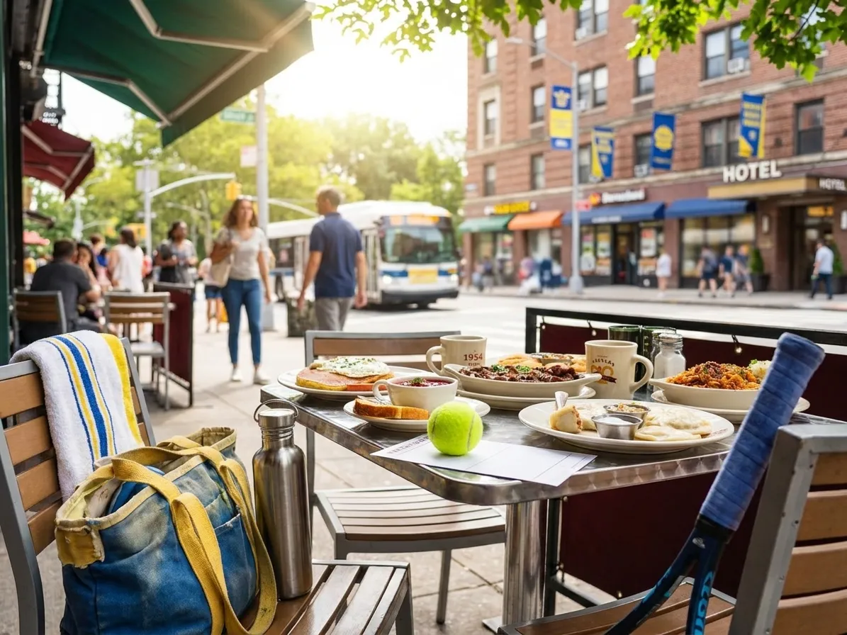 Bright Queens local-life detail for Rybakina Serve Study Stops Near US Open 2026 Courts.