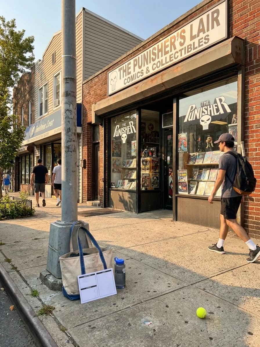 A bright Queens local-life scene connected to The Punisher Comic Book Shops: NYC Collectibles Near US Open.