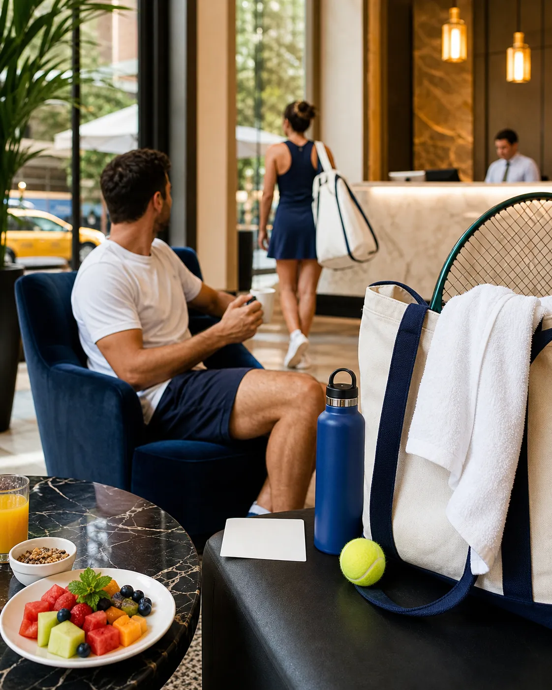 Bright realistic US Open 2026 local-life cover for Kcrg Weather Map For US Open 2026 Hotel Lobby Break Courtside.