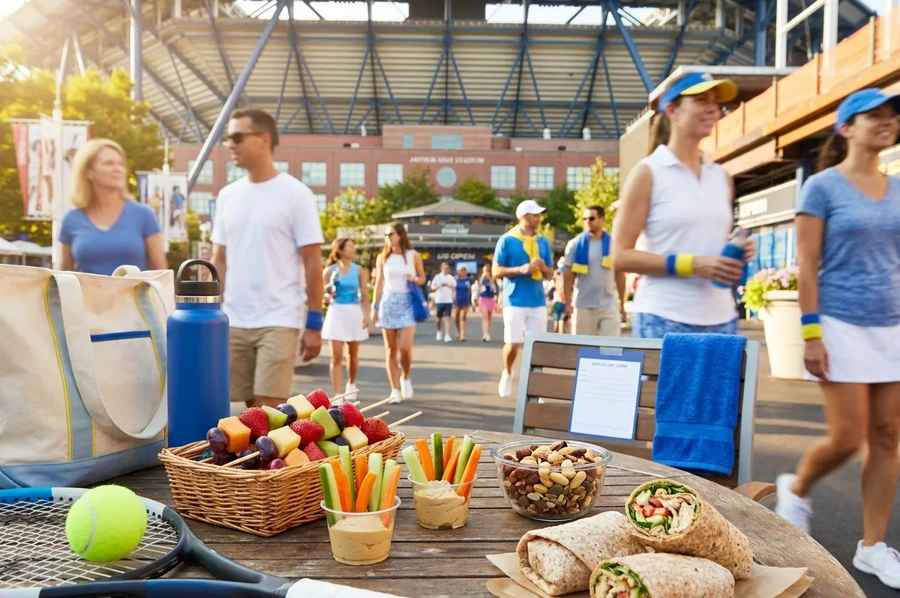 Bright realistic US Open 2026 local-life cover for Low-Sugar Stadium Snacks Inspired By US Open 2026.