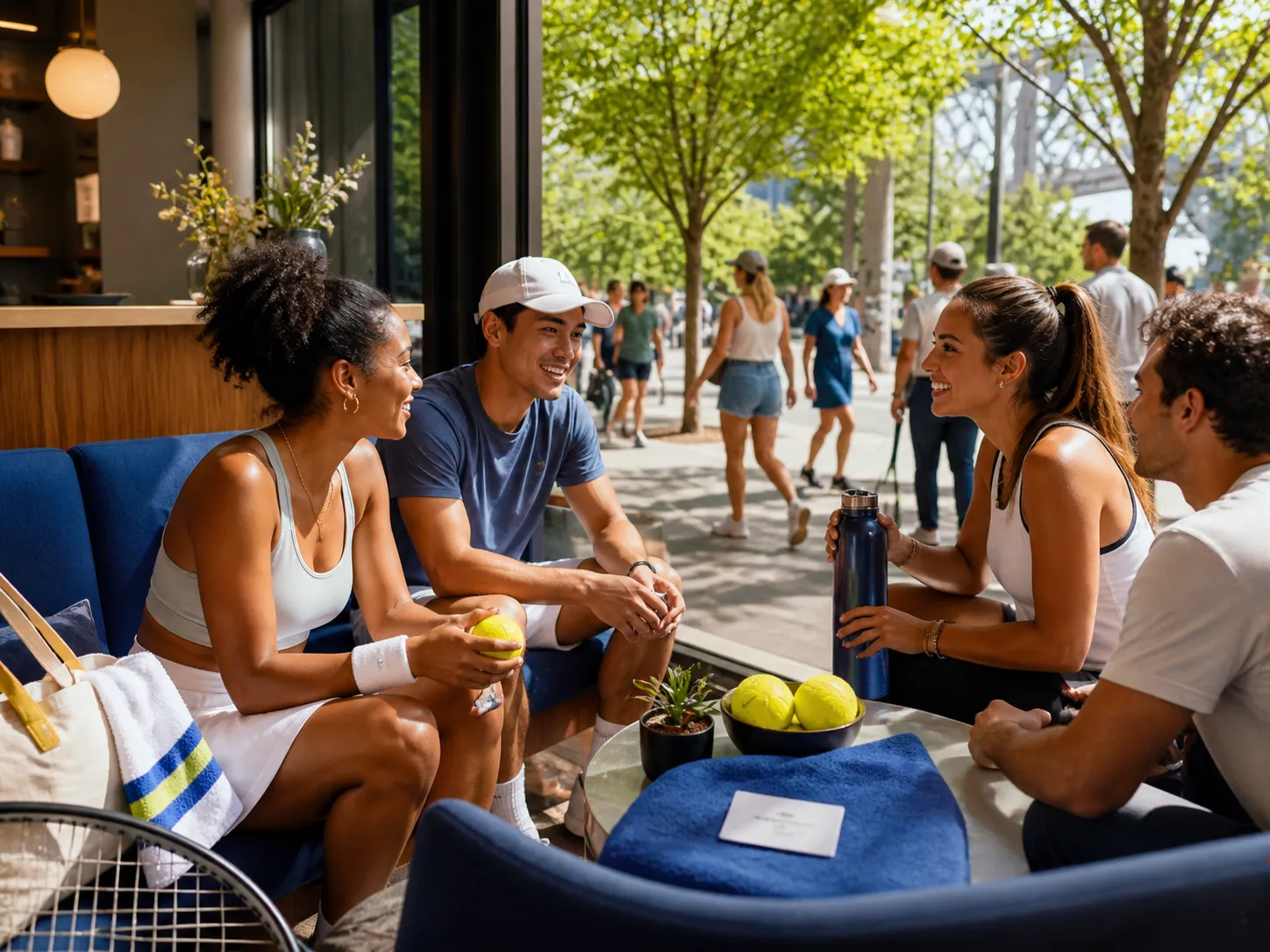 Bright realistic US Open 2026 local-life cover for Liberty Vs Fever Local Stops For US Open 2026 Streaming Lounge Flushing Meadows.