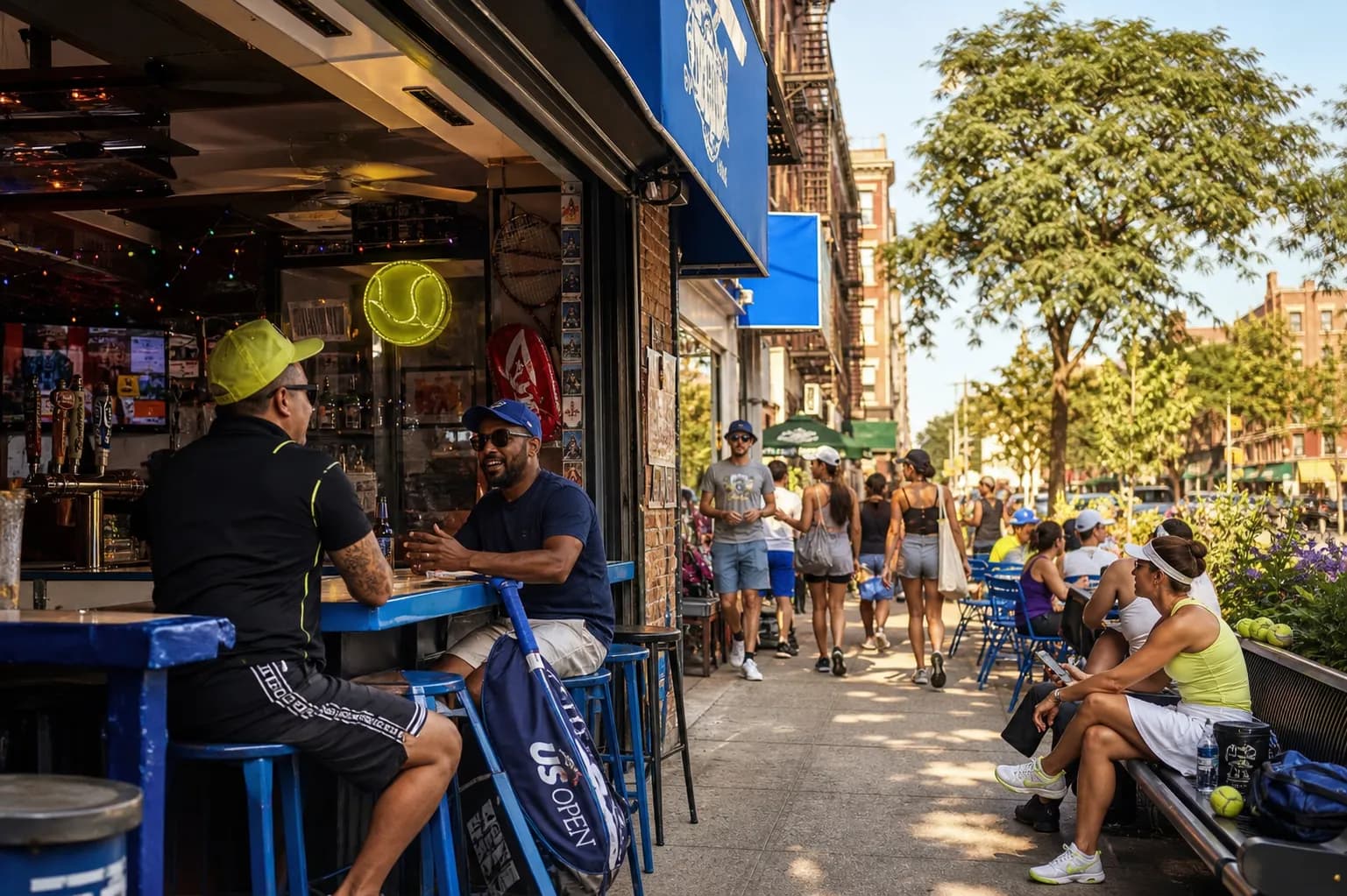 A bright Queens local-life scene connected to Abdul El-Sayed Near US Open 2026: Shade-First Park Benches Around Corona.