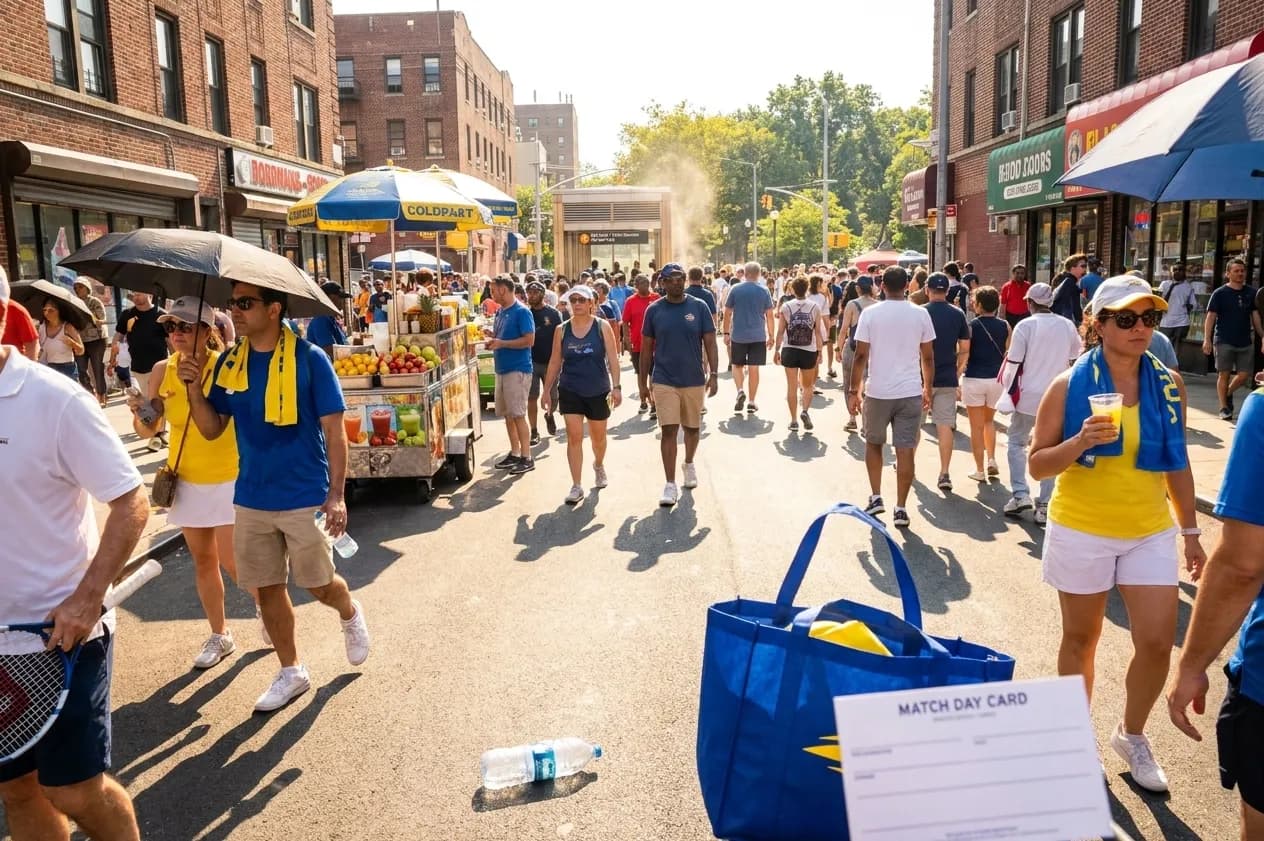 Bright Queens local-life detail for Guardians Vs Tigers Scenes Around US Open 2026 Fan Walk.