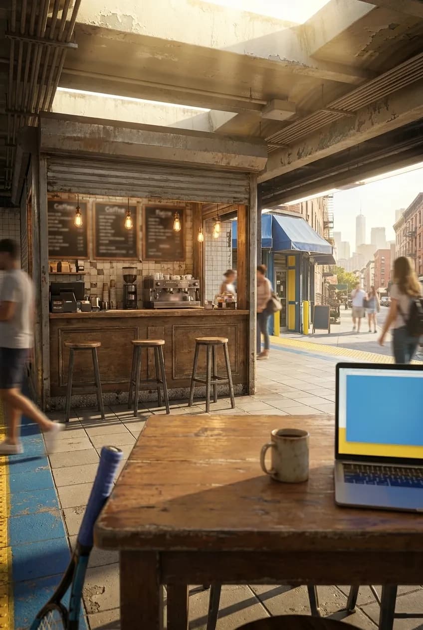 A bright New York local-life cover for Microsoft Outage Work Cafes Near Queens US Open Transit Routes, inspired by queens subway station.
