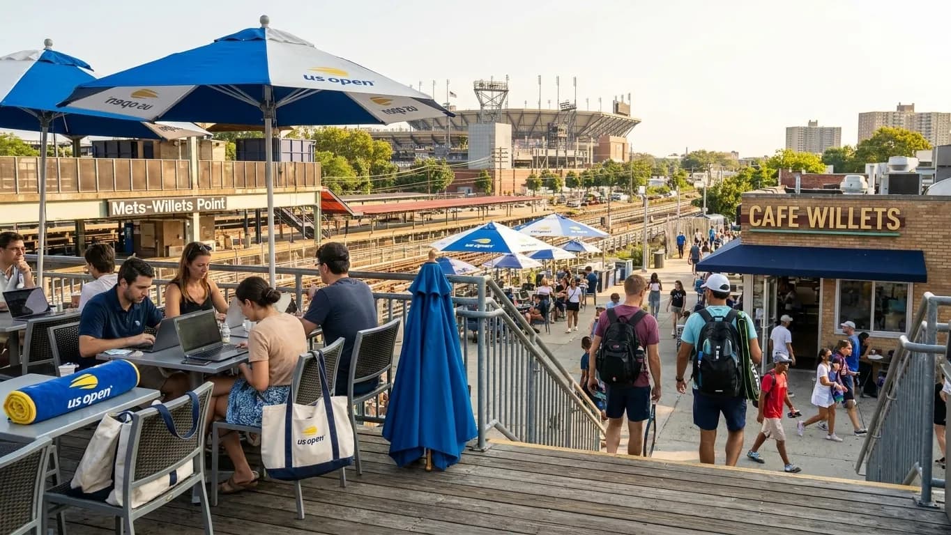 A distinct New York editorial scene inspired by mets willets point station, connected to US Open week.