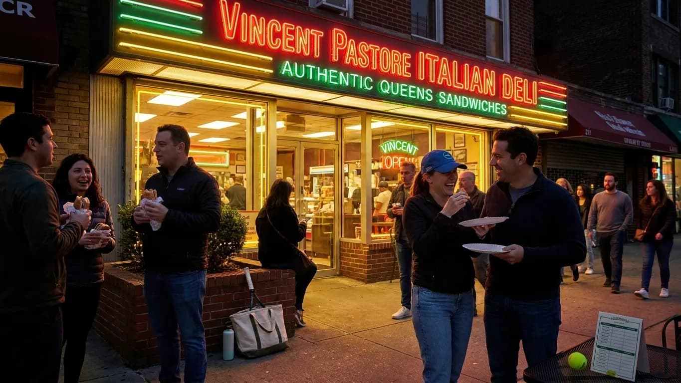 Bright New York local-life cover for Vincent Pastore Italian Delis: Authentic Queens Sandwiches Near Open Venue.