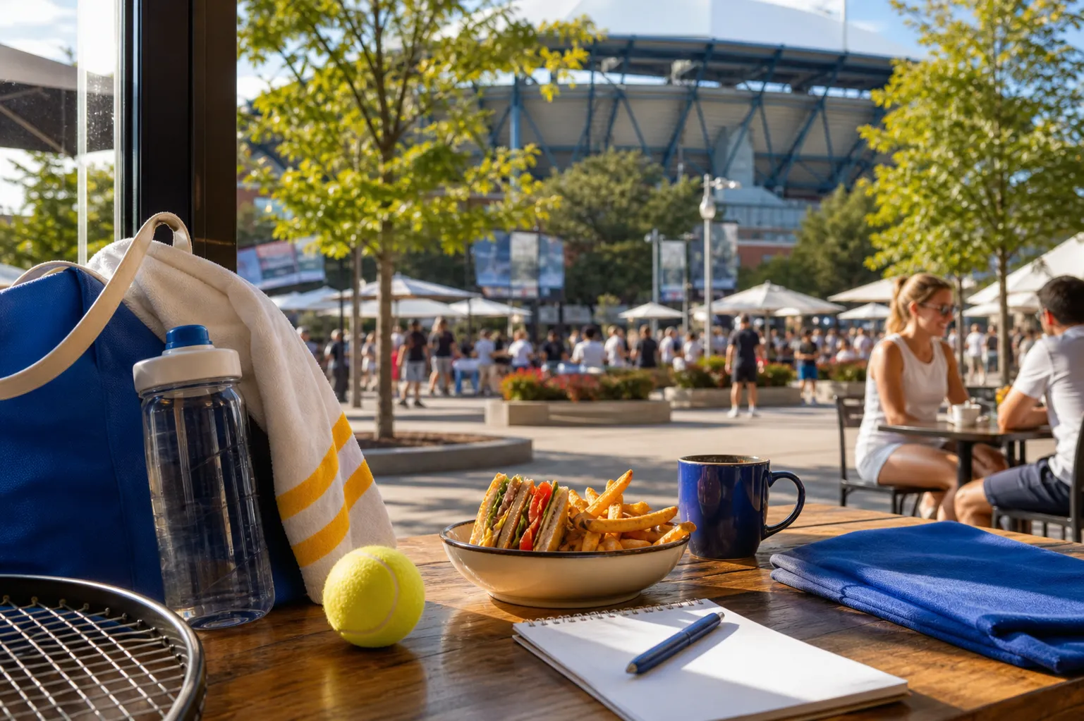 Bright realistic US Open 2026 local-life cover for David Ellison Timing Tips For US Open 2026 Coffee Route Queens.