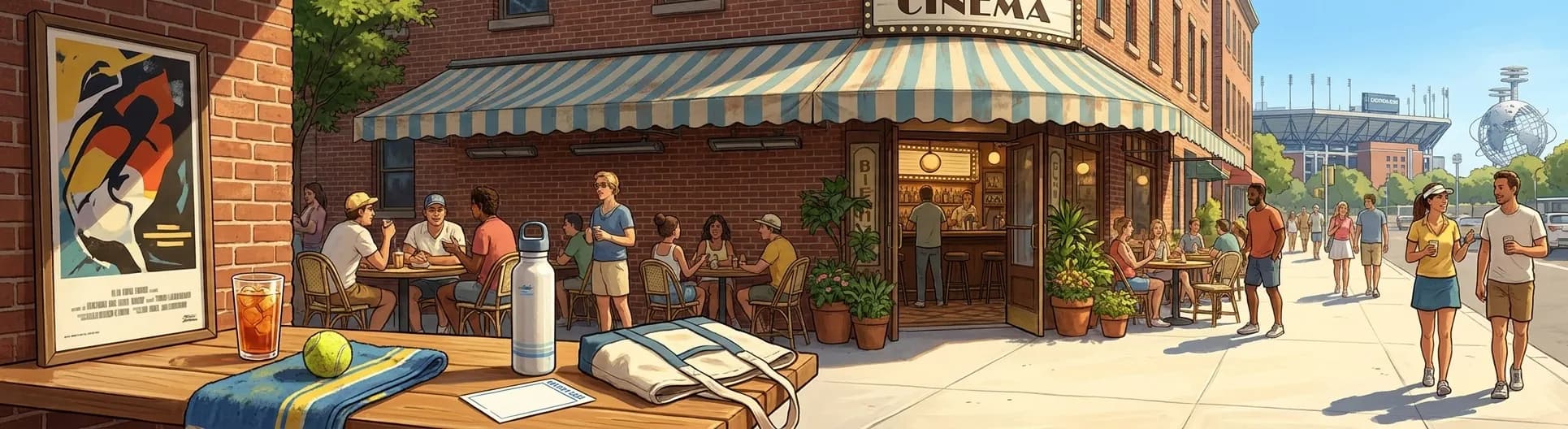Bright realistic US Open 2026 local-life cover for Brad Pitt Classic Cinema Bars Near US Open 2026.