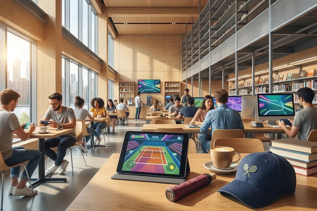 A bright New York local-life cover for Xbox Outage Gaming Bars for Rainy US Open Nights in Queens, inspired by queens library interior.