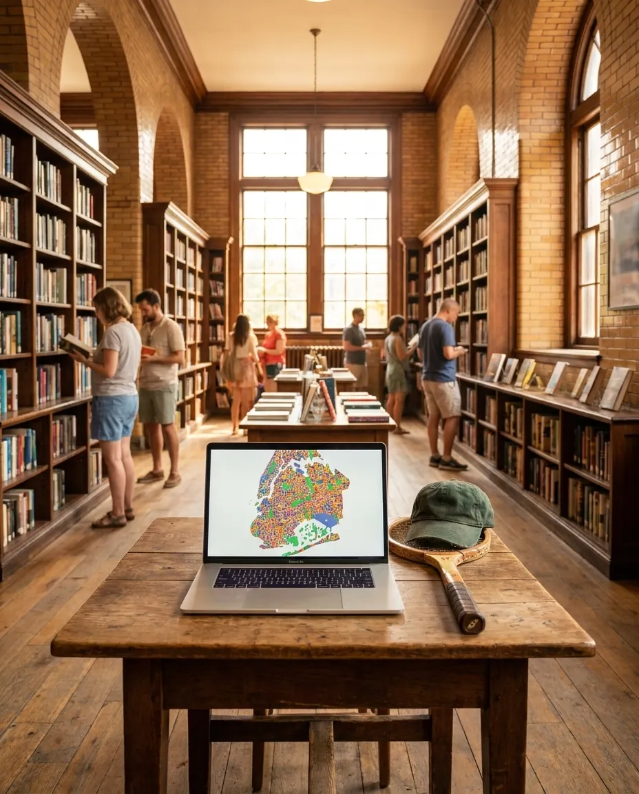 A bright New York local-life cover for ChatGPT Down? Offline NYC Planning for a US Open Day, inspired by queens library interior.