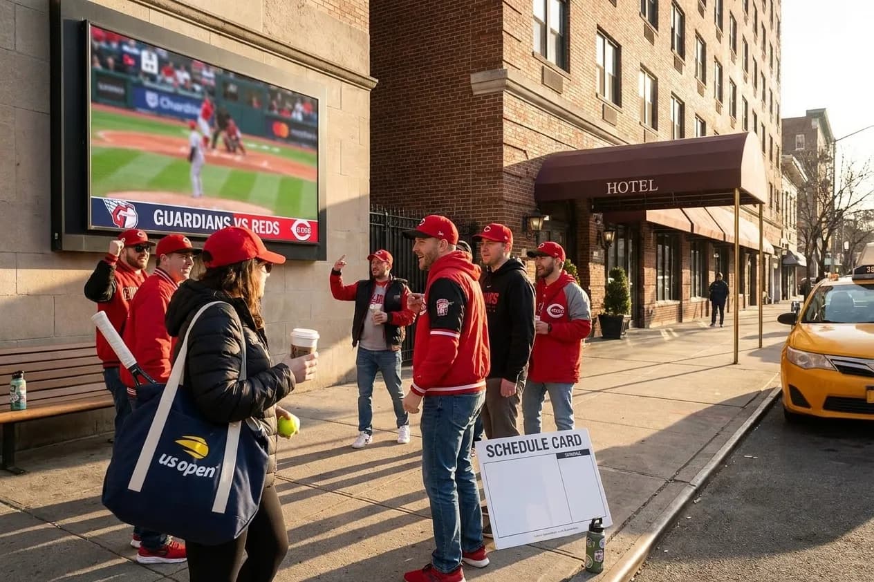 Bright New York local-life cover for Guardians vs Reds Sports Screens Near Queens Tennis Hotels.