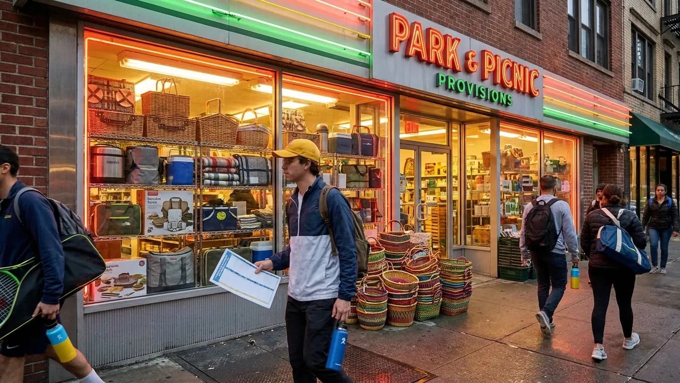 Bright New York local-life cover for Wicker Picnic Basket Shops Near 2026 US Open Queens.