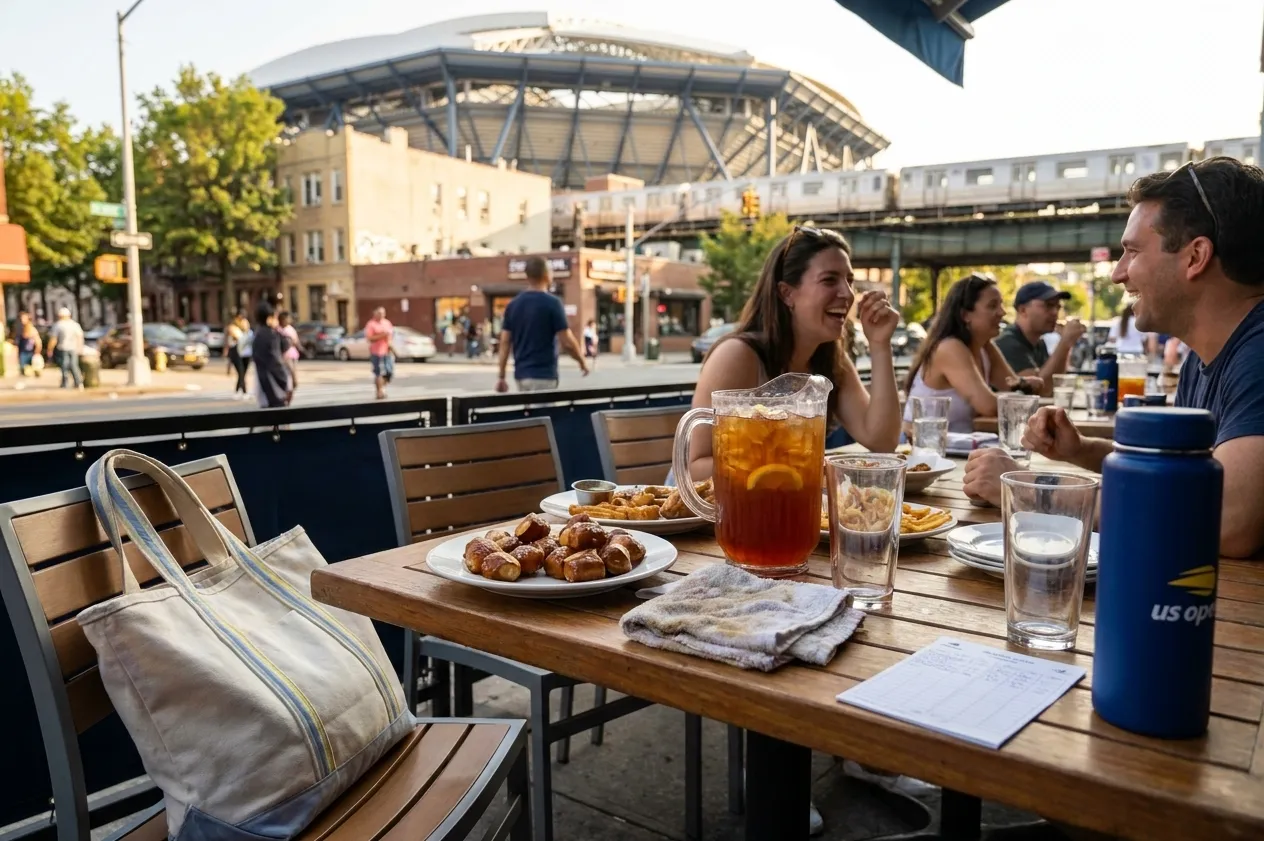 Bright realistic US Open 2026 local-life cover for US Open 2026 Fan Week Ideas From Tennis Trends.