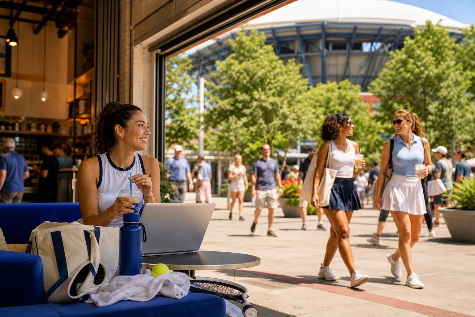 Bright realistic US Open 2026 local-life cover for Radar Local Stops For US Open 2026 Streaming Lounge Flushing Meadows.