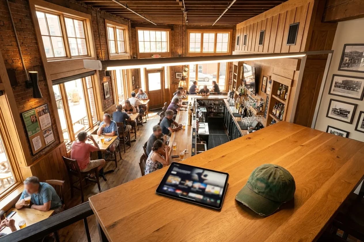 A bright New York local-life cover for Is Apple TV Down? Queens Bars Streaming US Open Matches, inspired by queens library interior.