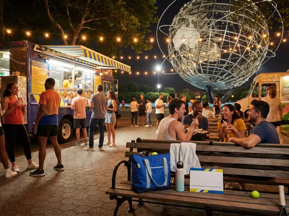 Bright Queens local-life detail for Reds Vs White Sox Scenes Around US Open 2026 Night Session Plan.