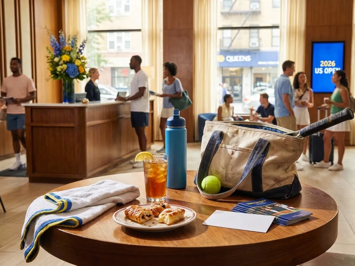 Bright Queens local-life detail for Mercury Vs Sparks Fan Plan For US Open 2026 Hotel Lobby Break.