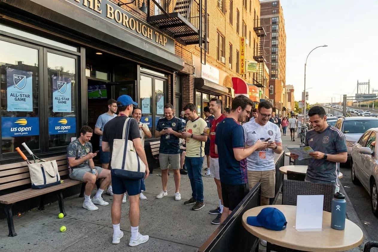 A bright Queens local-life scene connected to MLS All Star Game Energy at US Open Soccer Bars.