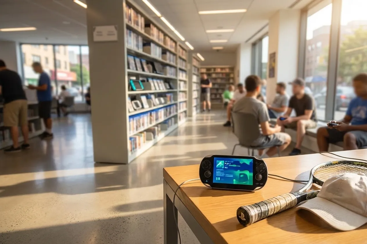 A bright New York local-life cover for PlayStation Network Gaming Lounges Near Flushing Meadows After Matches, inspired by queens library interior.