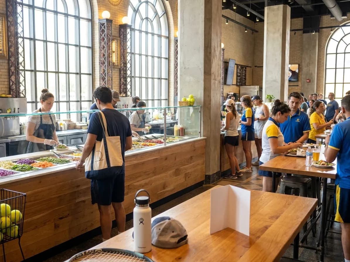 A bright Queens local-life scene connected to Salad and Go Style Fast Greens Near US Open.