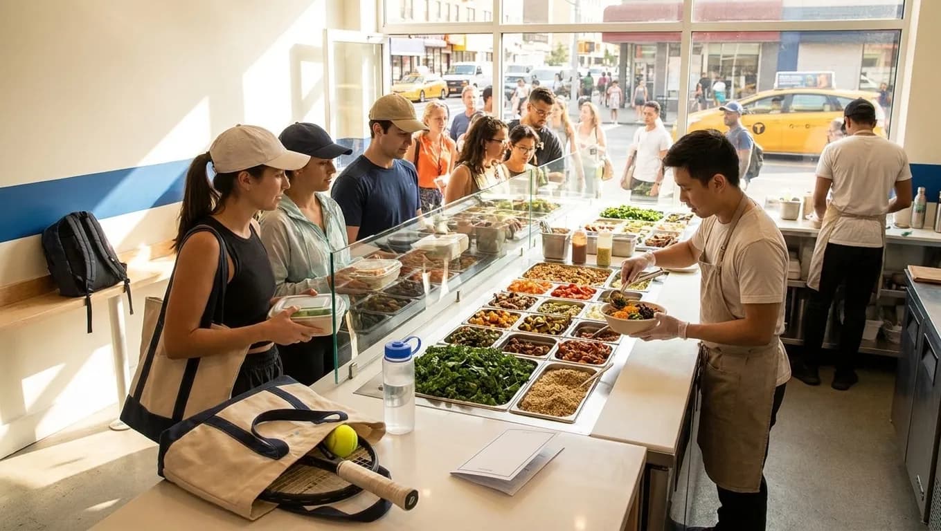 Bright New York local-life cover for Salad and Go Style Fast Greens Near US Open.