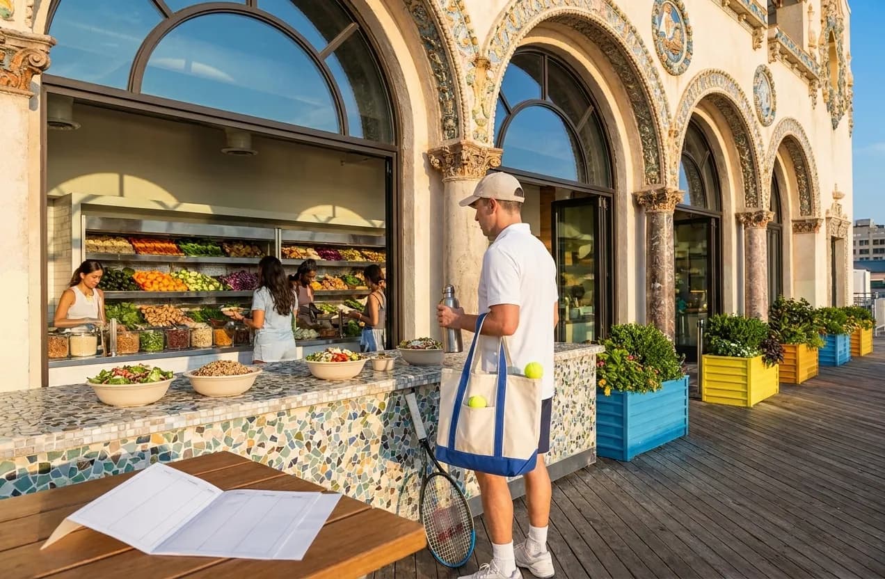 A bright Queens local-life scene connected to Salad and Go Style Fast Greens Near US Open.