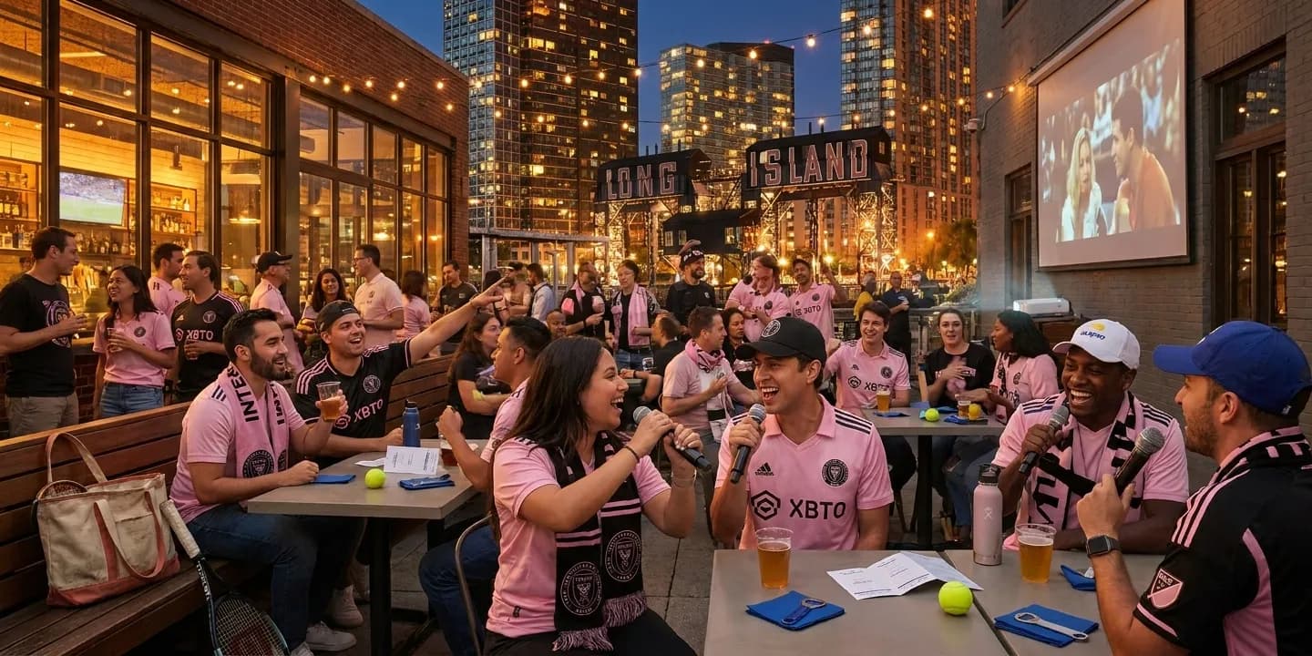 Bright New York local-life cover for Inter Miami Fan Energy at Queens US Open Bars.