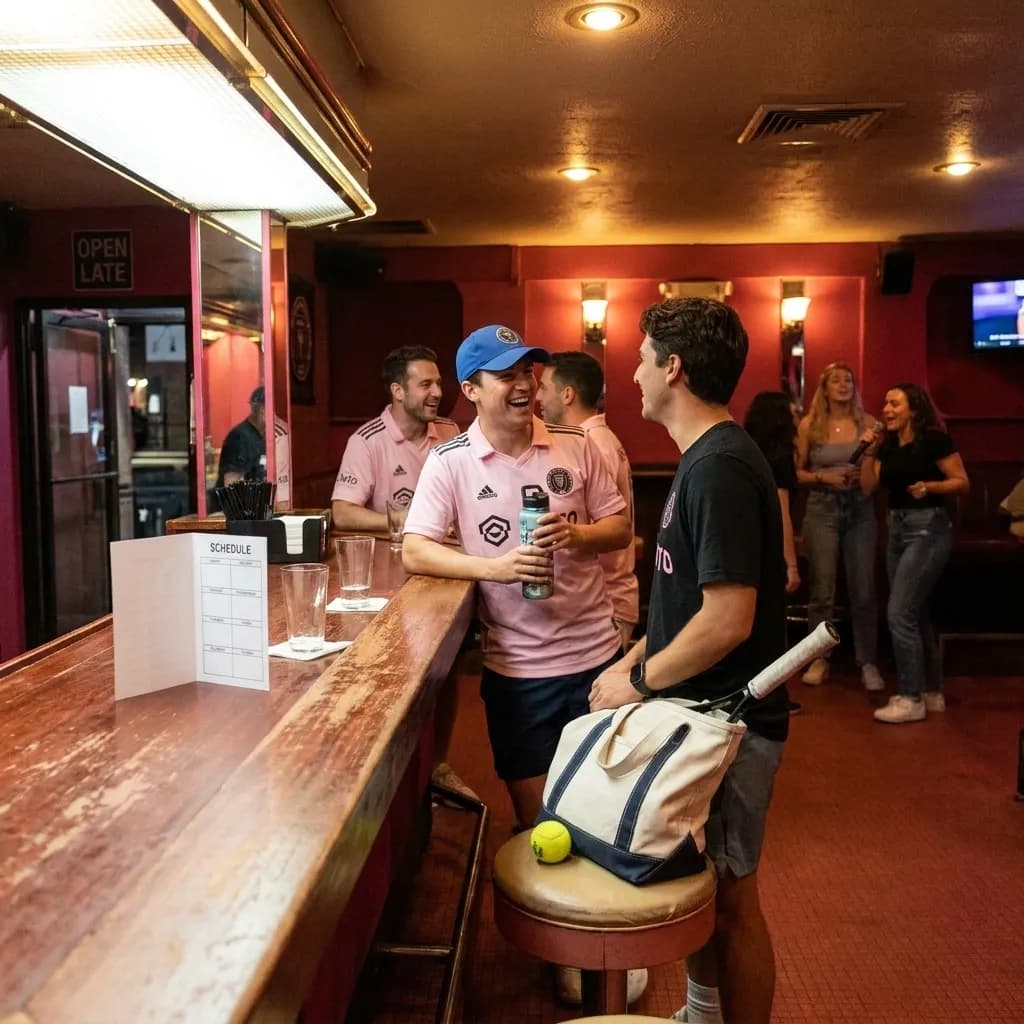 A bright Queens local-life scene connected to Inter Miami Fan Energy at Queens US Open Bars.