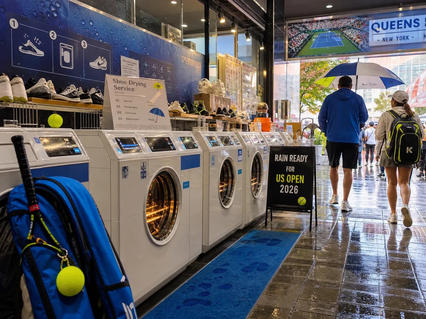 Bright New York local-life cover for Sydney Towle Near US Open 2026: Rain-Ready Shoe Drying Services Near The Venue.
