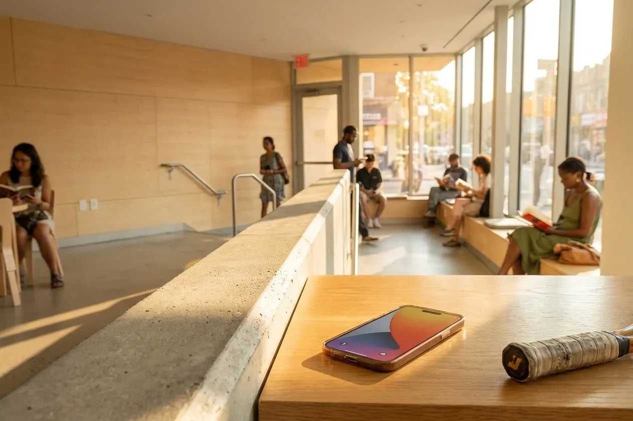 A bright New York local-life cover for iPhone 18 Pro Rumored Features for Flushing Meadows Photo Walks, inspired by queens library interior.