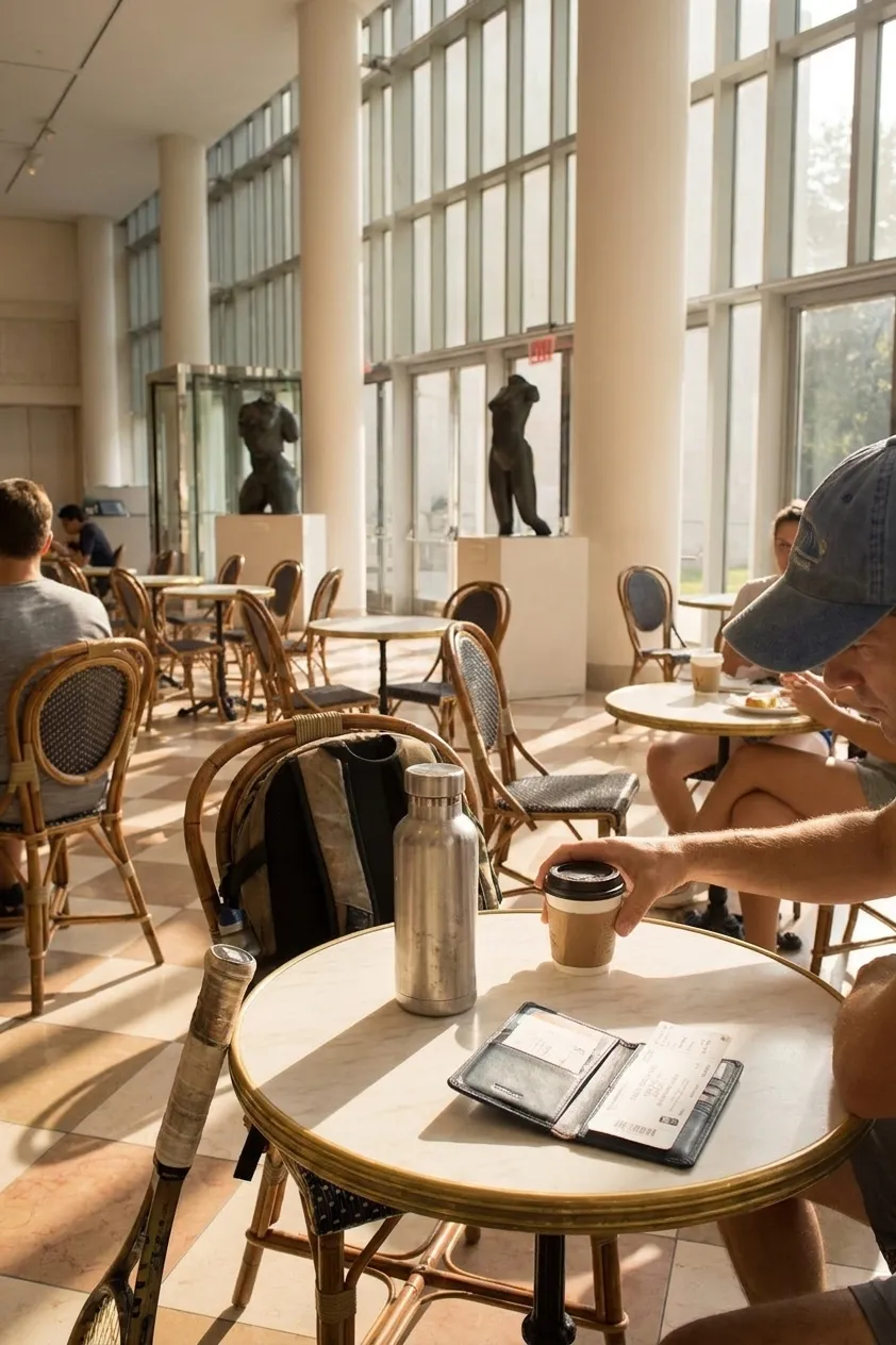 A bright Queens local-life scene inspired by new york cafe interior, with subtle US Open details.