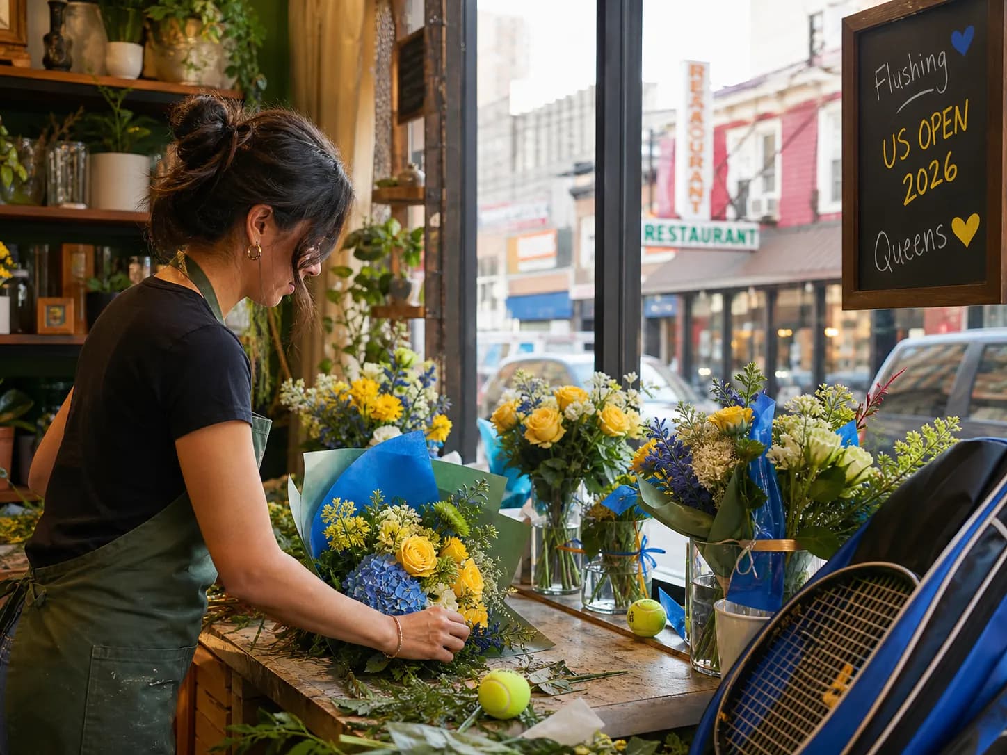 A bright Queens local-life scene connected to Padres Vs Diamondbacks Near US Open 2026: Local Florist Stops For Tournament Celebration Bouquets.
