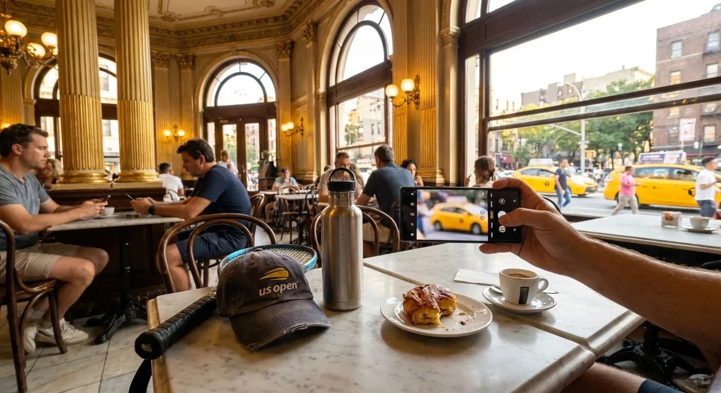 A bright Queens local-life scene inspired by new york cafe interior, with subtle US Open details.
